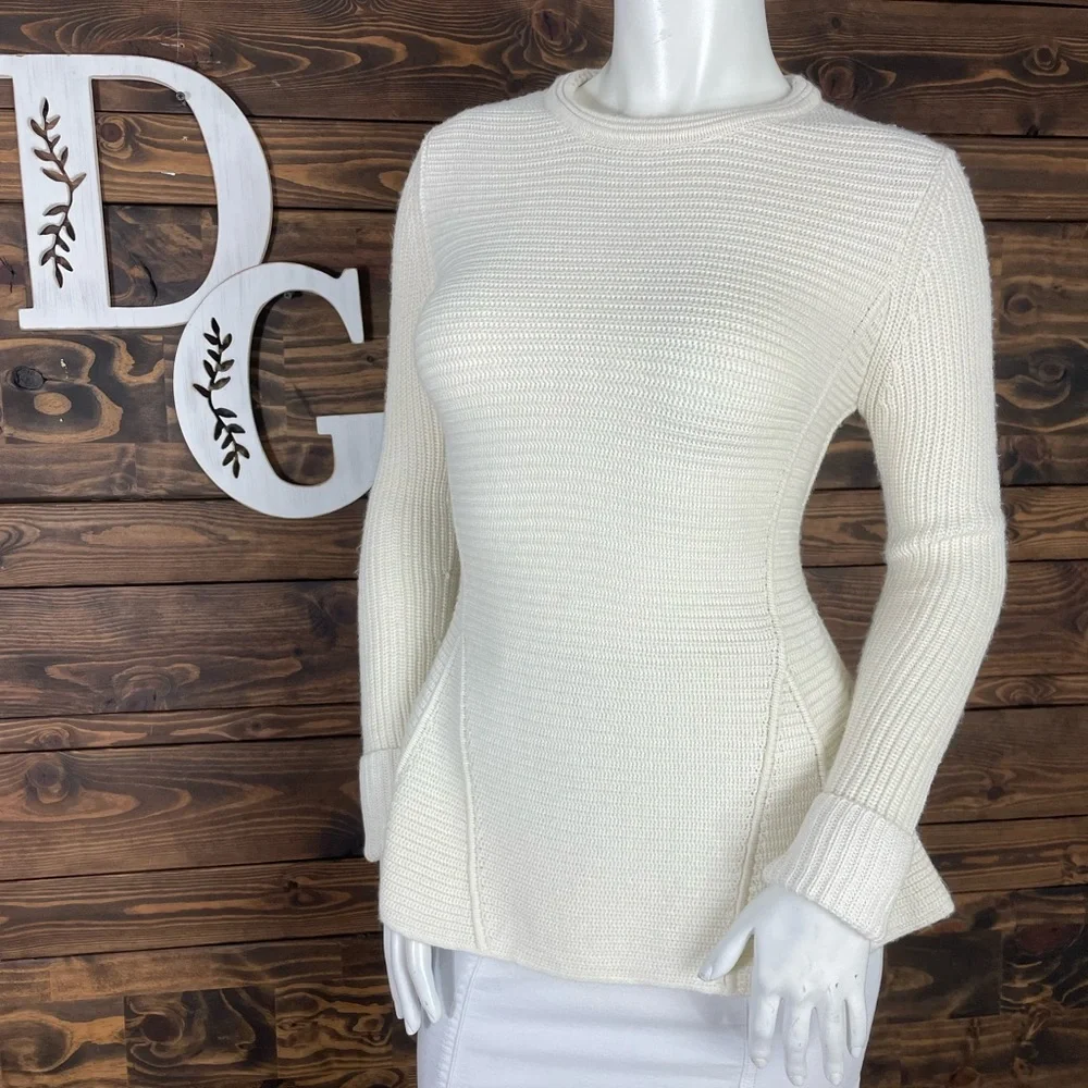 Antonio Melani | Fitted Chunky Ribbed Knit Ivory‎ Cream Sweater Corded Pleat